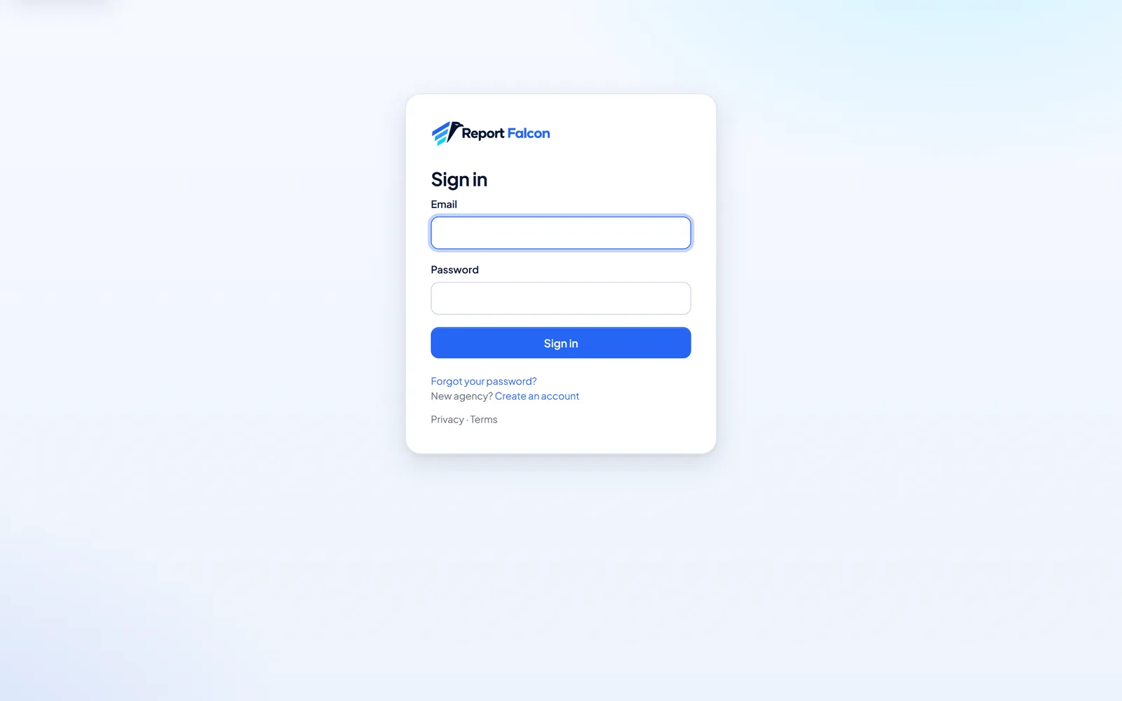 The Sign in page with email and password fields, a Sign in button and the Forgot your password and Create an account links