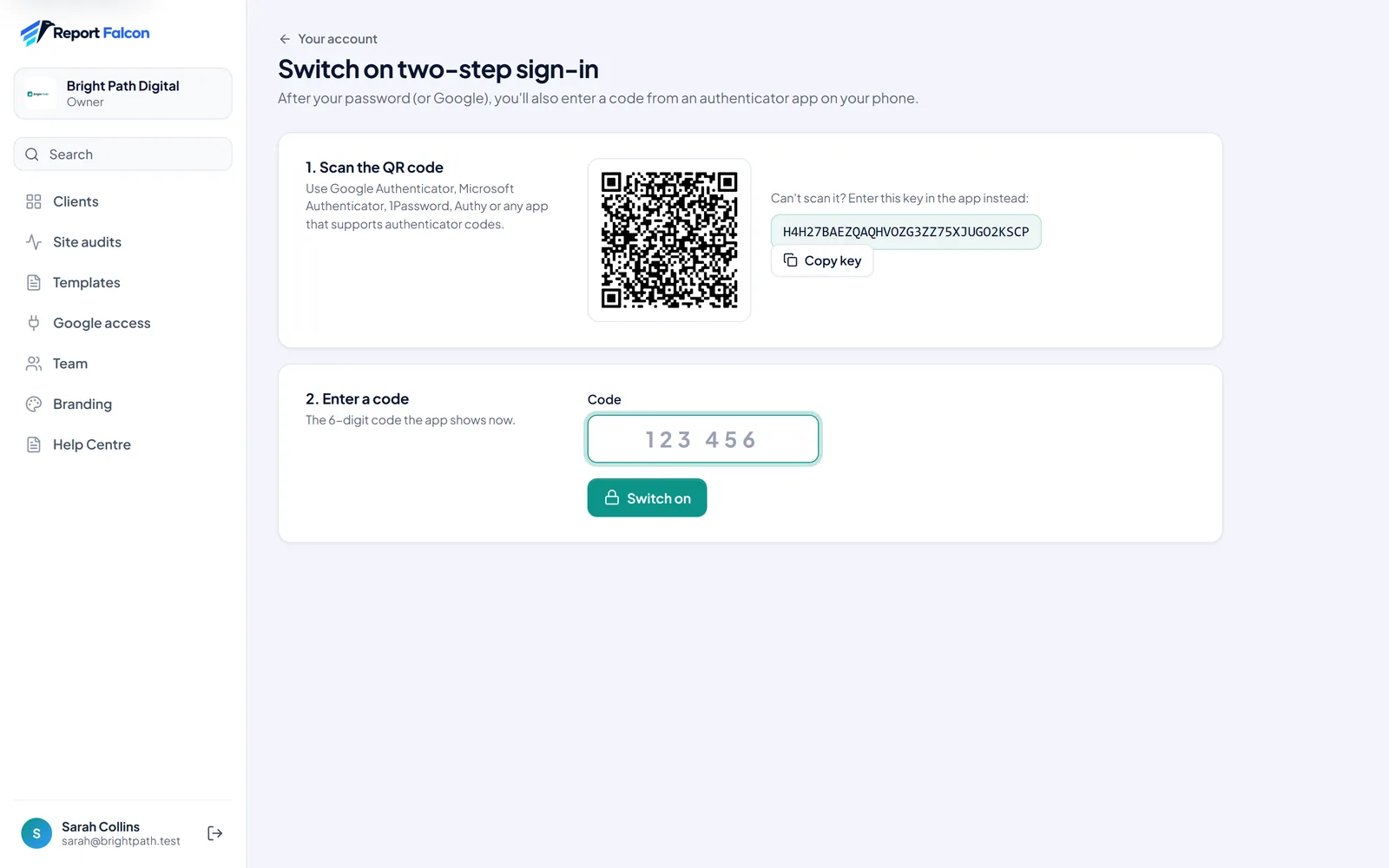 The Switch on two-step sign-in page with a QR code, a setup key with a Copy key button, and a code field with a Switch on button
